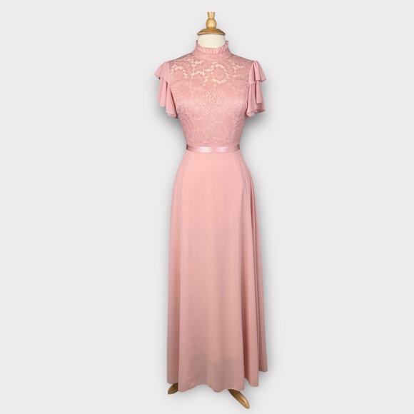 Womens Dusty Pink Floral Lace Butterfly Sleeve High Neck Maxi Formal Dress Small - Picture 16 of 16